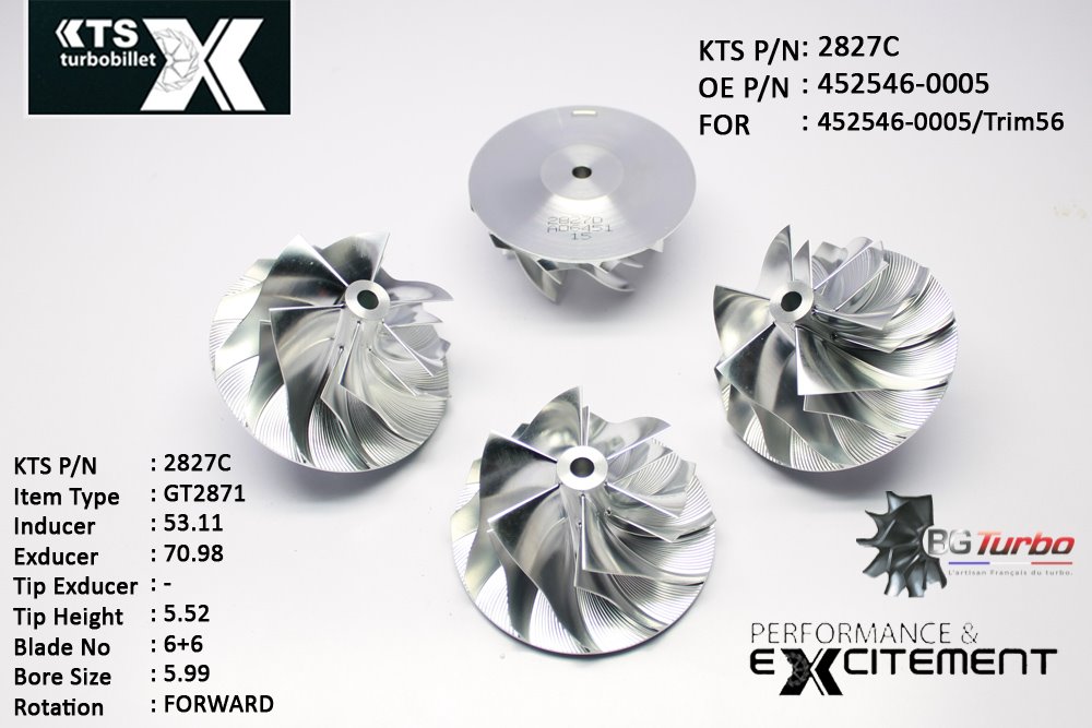 Turbo ROUE FORGÉE MFS PERFORMANCE - 6+6 PALES - INDUCER : 53,11 - EXDUCER : 70,98 - TYPE : GT2871ANGLE : 45° - ROTATION : Forward - SUPER BACK : 2,32 - BORE SIZE : 5,99
